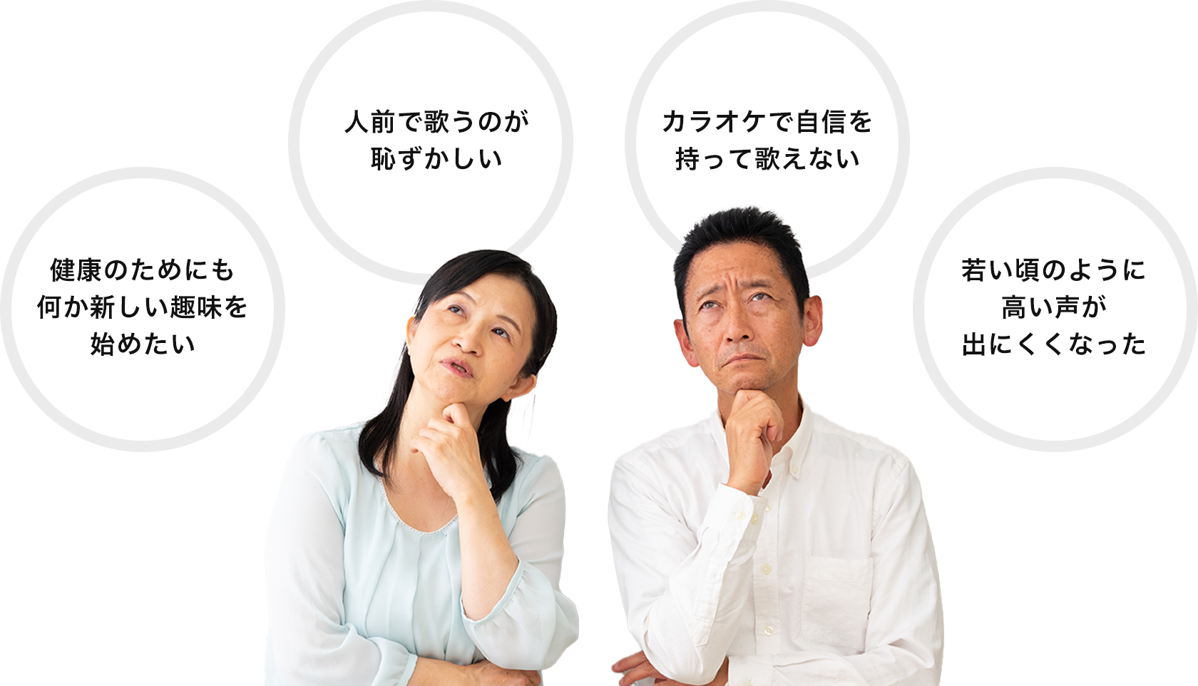 健康のためにも何か新しい趣味を始めたい・人前で歌うのが恥ずかしい・カラオケで自信を持って歌えない・若い頃のように高い声が出にくくなった